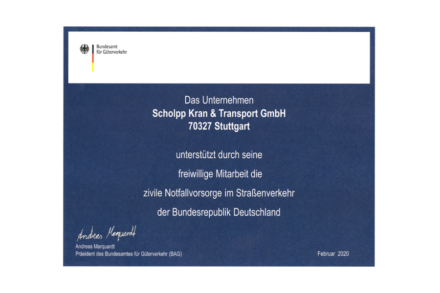 Urkunde - Freiwillige Mitarbeit zur Unterstützung der zivilen Notfallvorsorge im Straßenverkehr der Bundesrepublik Deutschland.